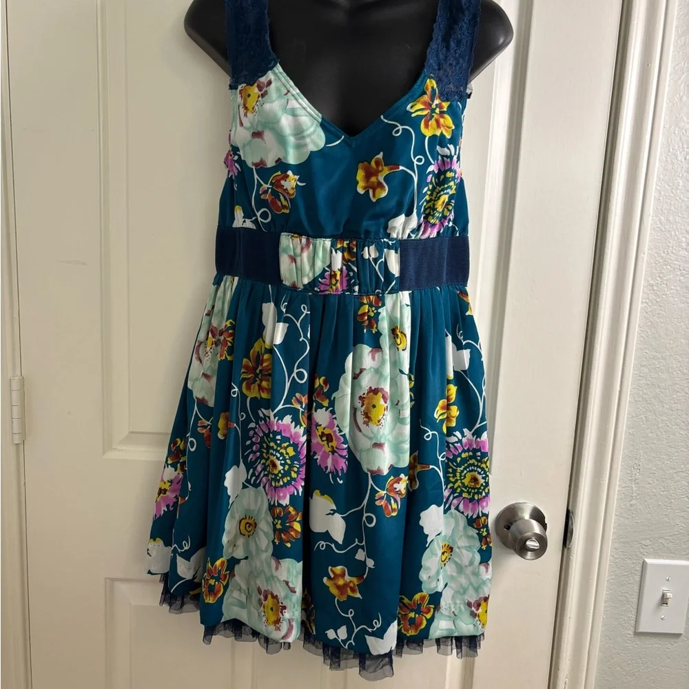 Free People Teal Floral Mini Dress with Navy Lace Trim